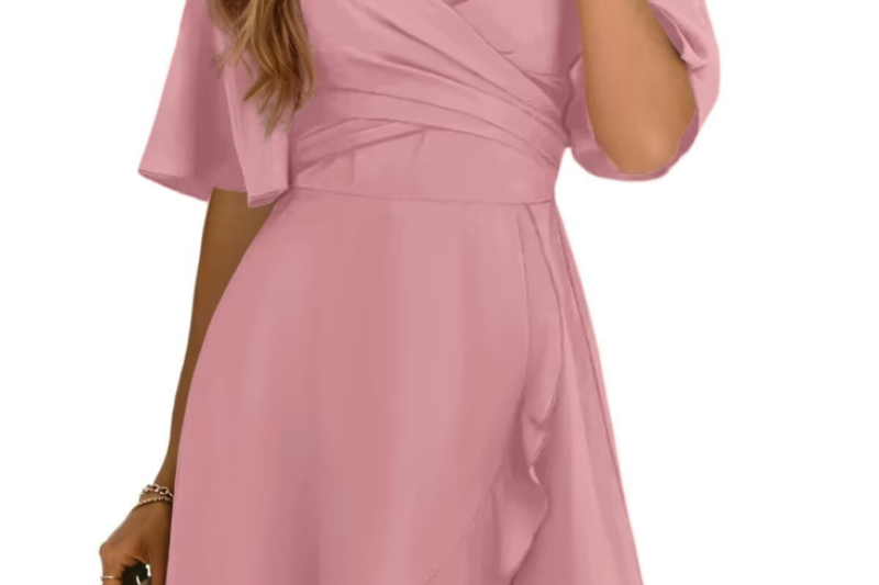 Rubina - Women's Wrap V-Neck Mini Dress with Flutter Sleeves