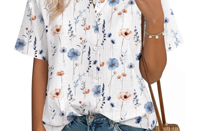 Women's Cotton-Linen V-Neck Blouse | Buttoned Short-Sleeve Summer Top