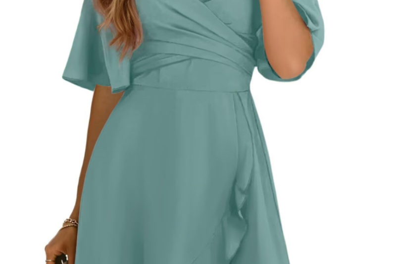 Rubina - Women's Wrap V-Neck Mini Dress with Flutter Sleeves