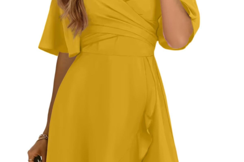 Rubina - Women's Wrap V-Neck Mini Dress with Flutter Sleeves