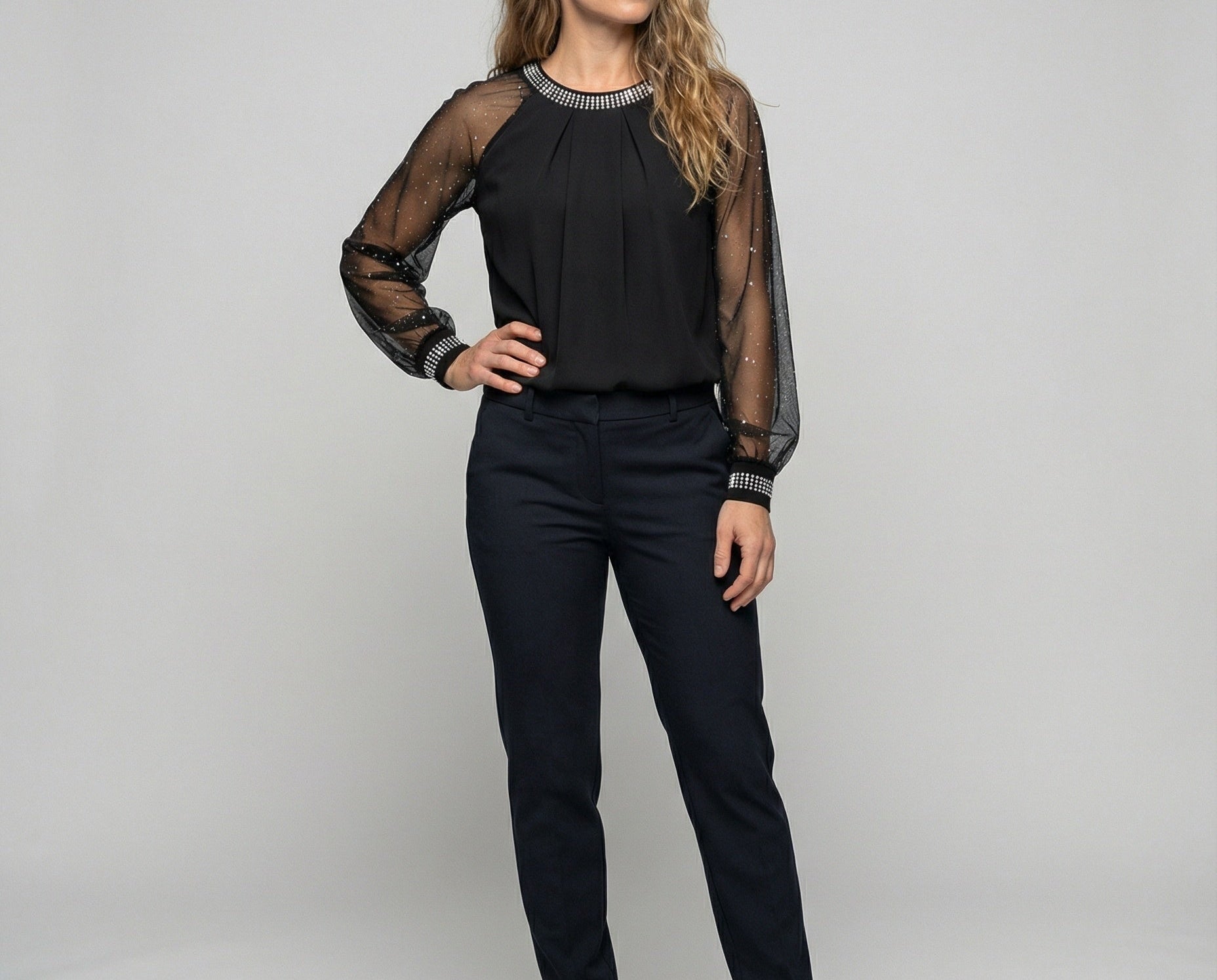 Women's Top | Elegant Mesh Sleeve Blouse with Rhinestone Trim 0