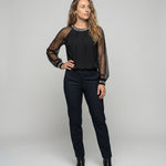 Women's Top | Elegant Mesh Sleeve Blouse with Rhinestone Trim 0