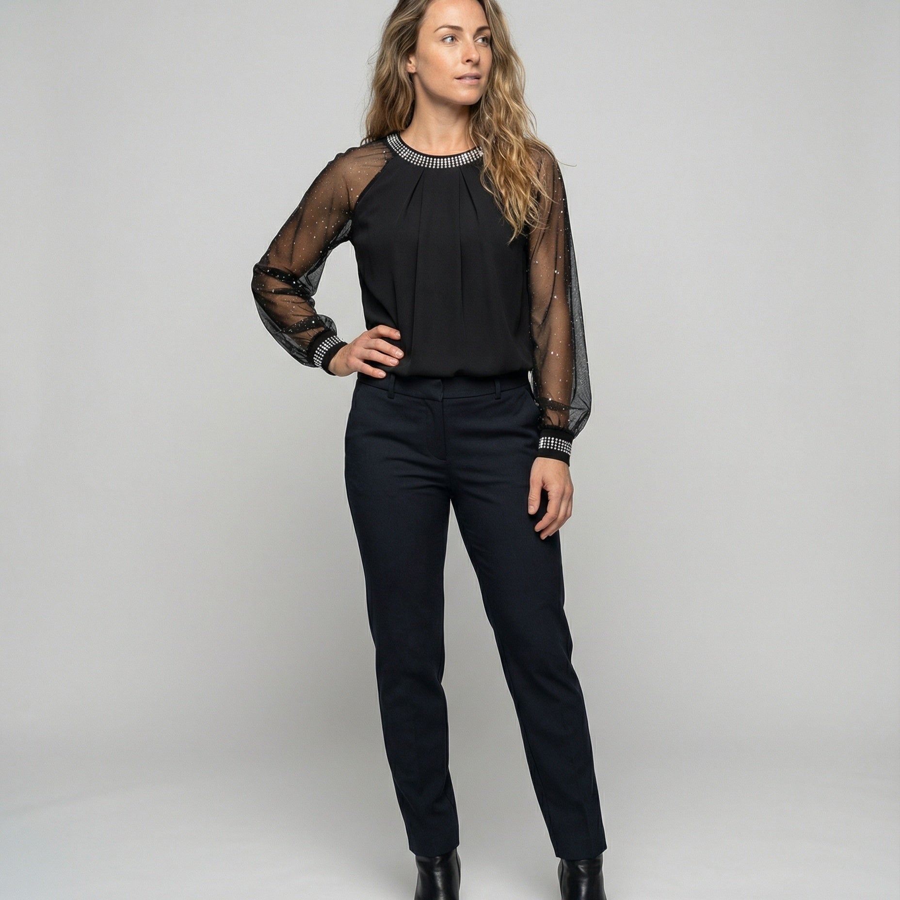 Women's Top | Elegant Mesh Sleeve Blouse with Rhinestone Trim 0