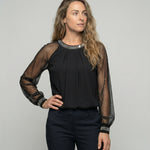 Women's Top | Elegant Mesh Sleeve Blouse with Rhinestone Trim 1