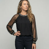 Women's Top | Elegant Mesh Sleeve Blouse with Rhinestone Trim 1