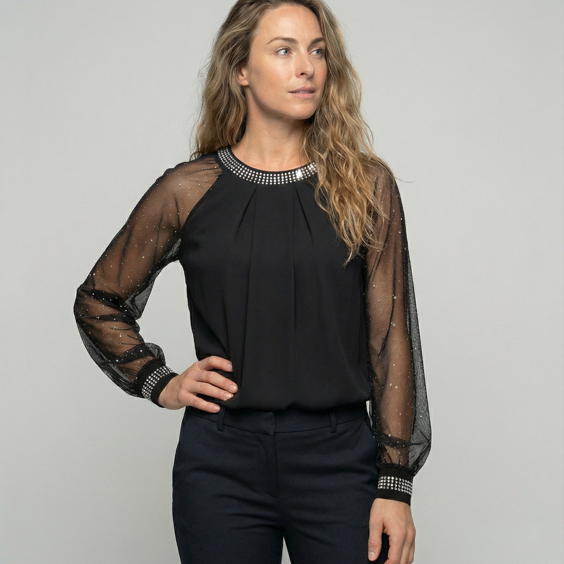 Women's Top | Elegant Mesh Sleeve Blouse with Rhinestone Trim 1