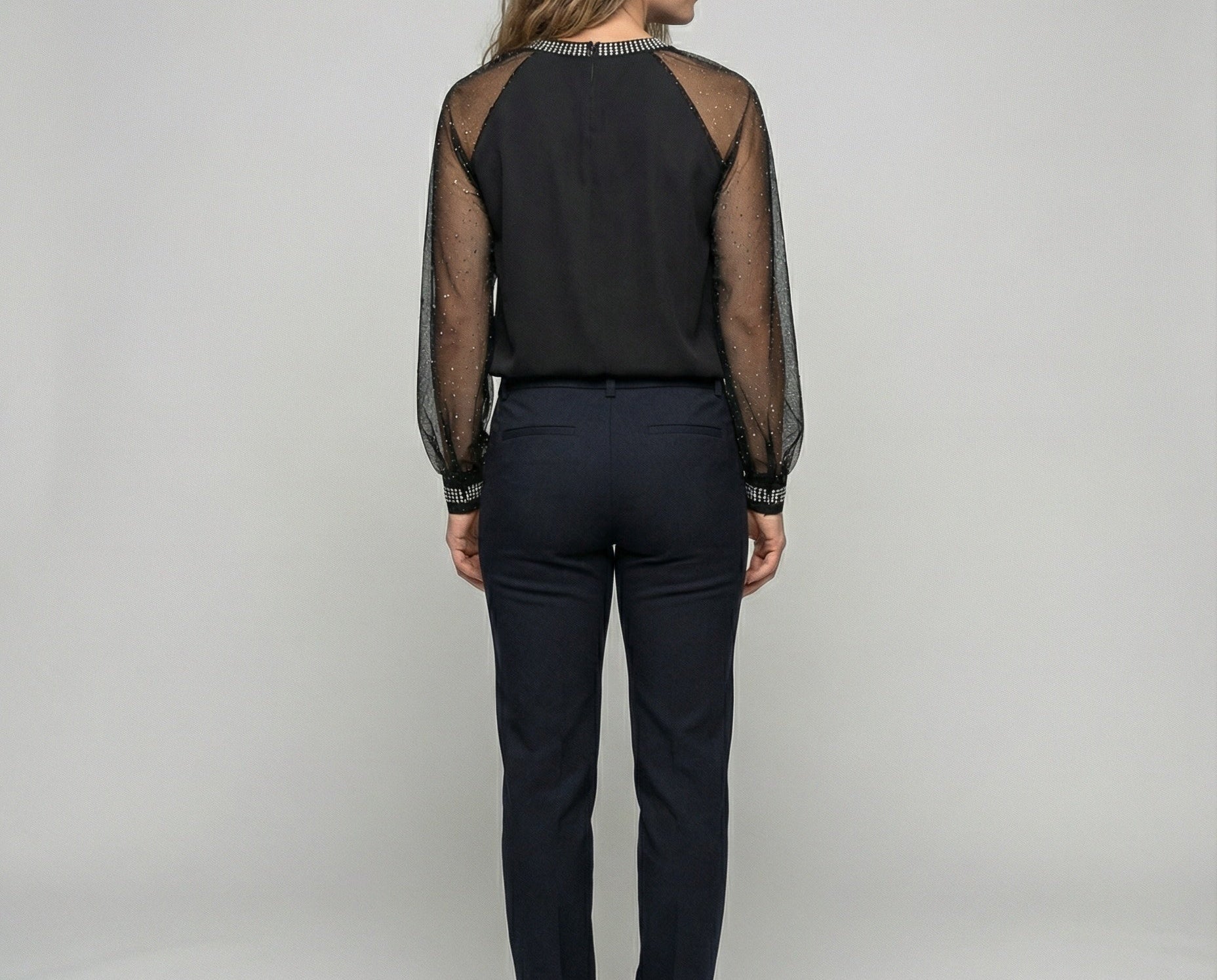 Women's Top | Elegant Mesh Sleeve Blouse with Rhinestone Trim 2