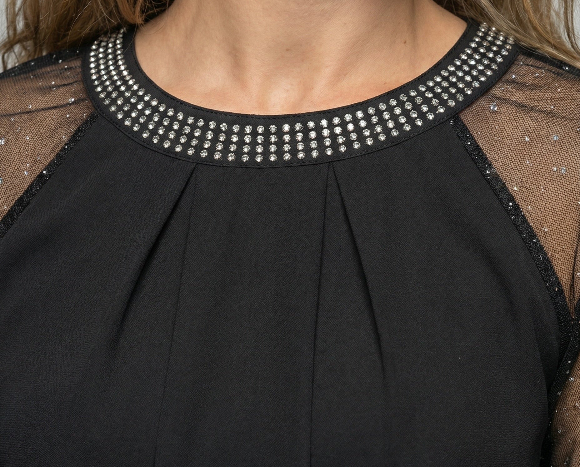 Women's Top | Elegant Mesh Sleeve Blouse with Rhinestone Trim 3