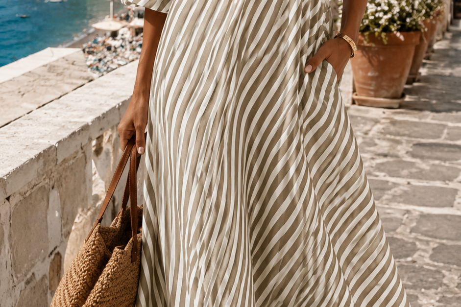 Women's Striped Asymmetric Maxi Dress | Elegant Wide-Sleeve Maxi Dress