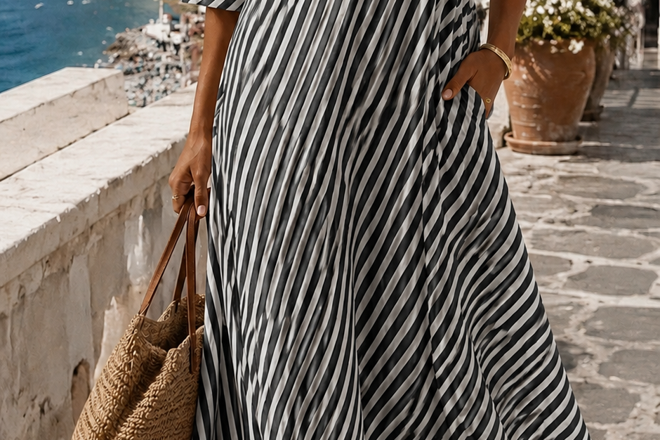 Women's Striped Asymmetric Maxi Dress | Elegant Wide-Sleeve Maxi Dress