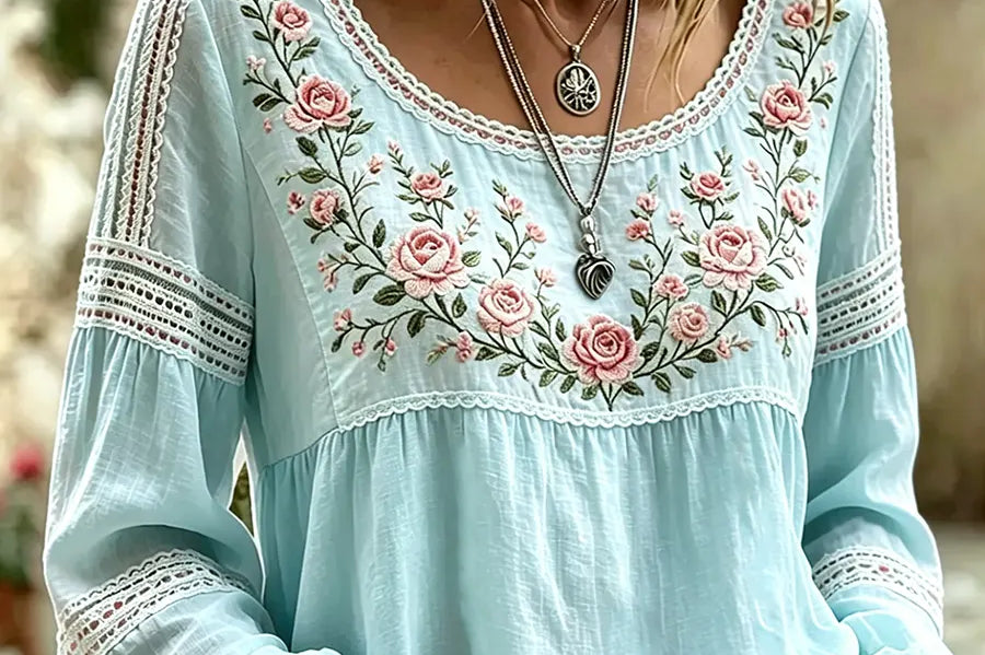 Women's Embroidered Linen Blouse | Breathable Long-Sleeve Top