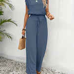 Wide-Leg Lace-Sleeve Jumpsuit - Washed Blue