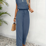 Wide-Leg Lace-Sleeve Jumpsuit - Washed Blue