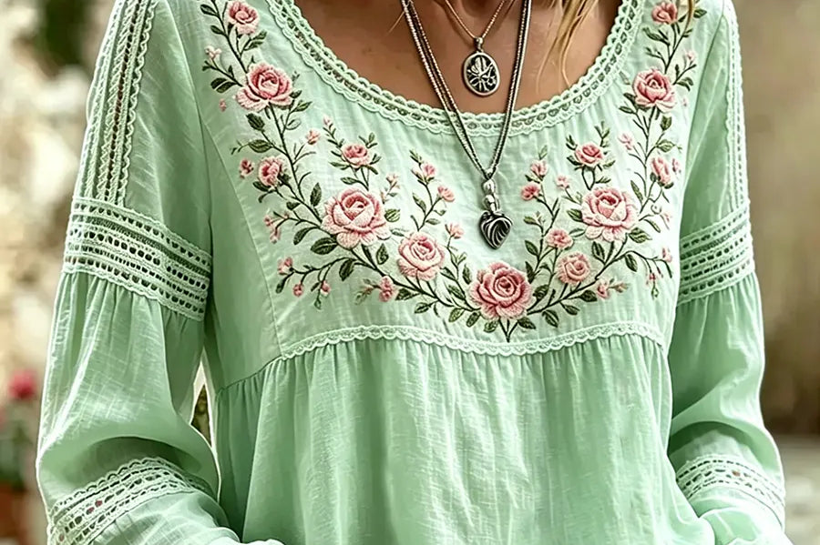 Women's Embroidered Linen Blouse | Breathable Long-Sleeve Top