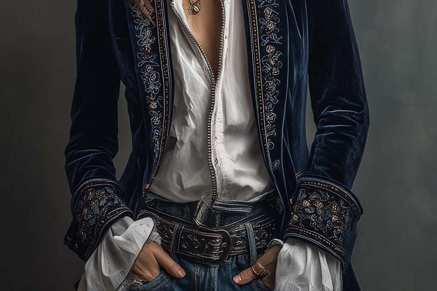 Aase - Women's Long Velvet Blazer with Embroidered Lapels - Navy