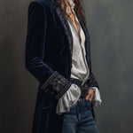 Aase - Women's Long Velvet Blazer with Embroidered Lapels