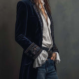 Aase - Women's Long Velvet Blazer with Embroidered Lapels