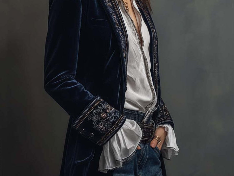Aase - Women's Long Velvet Blazer with Embroidered Lapels
