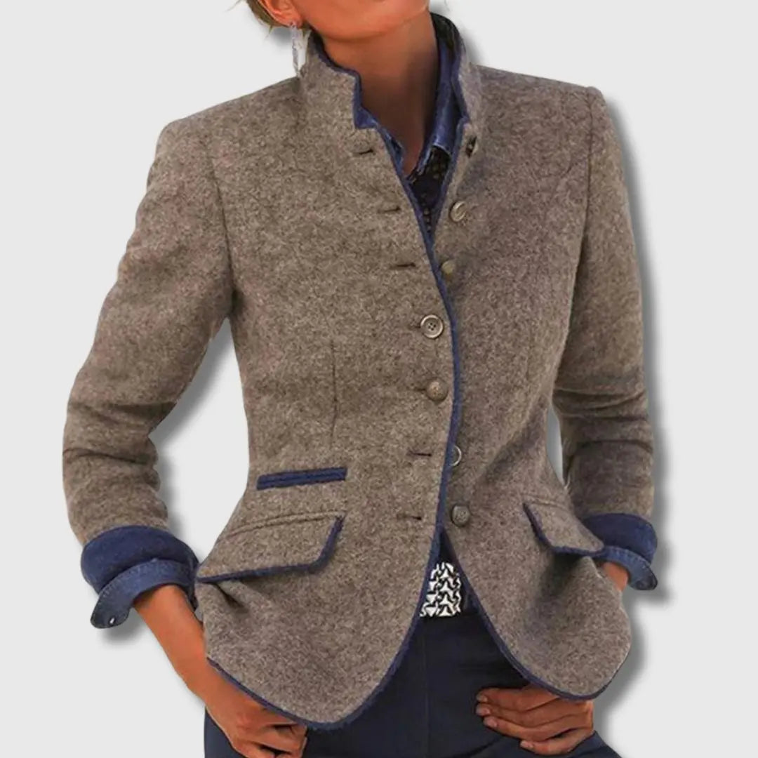 Acacia - Women's Blazer with Contrast Trim and Button Front - Brown