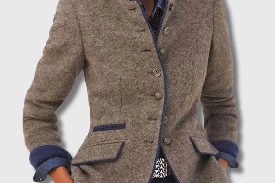 Acacia - Women's Blazer with Contrast Trim and Button Front - Brown