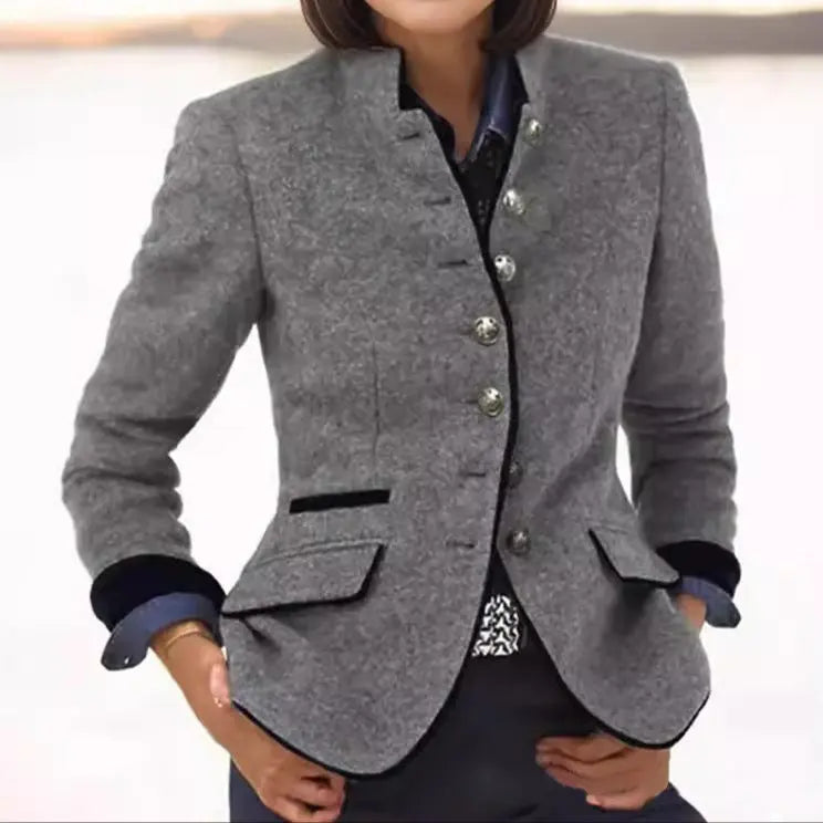 Acacia - Women's Blazer with Contrast Trim and Button Front - Gray
