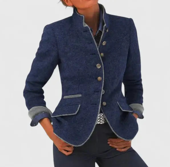 Acacia - Women's Blazer with Contrast Trim and Button Front - Blue