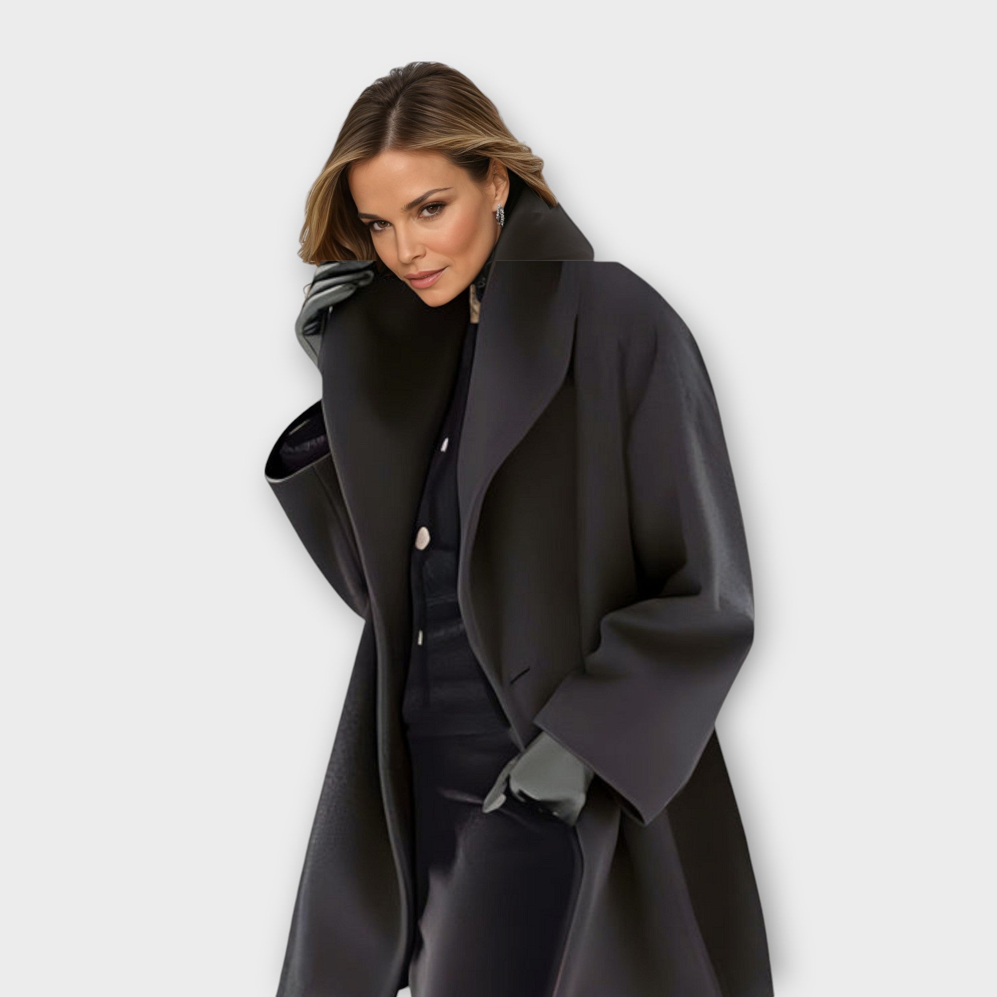 Adah - Women's Oversized Coat with Wide Collar - Black
