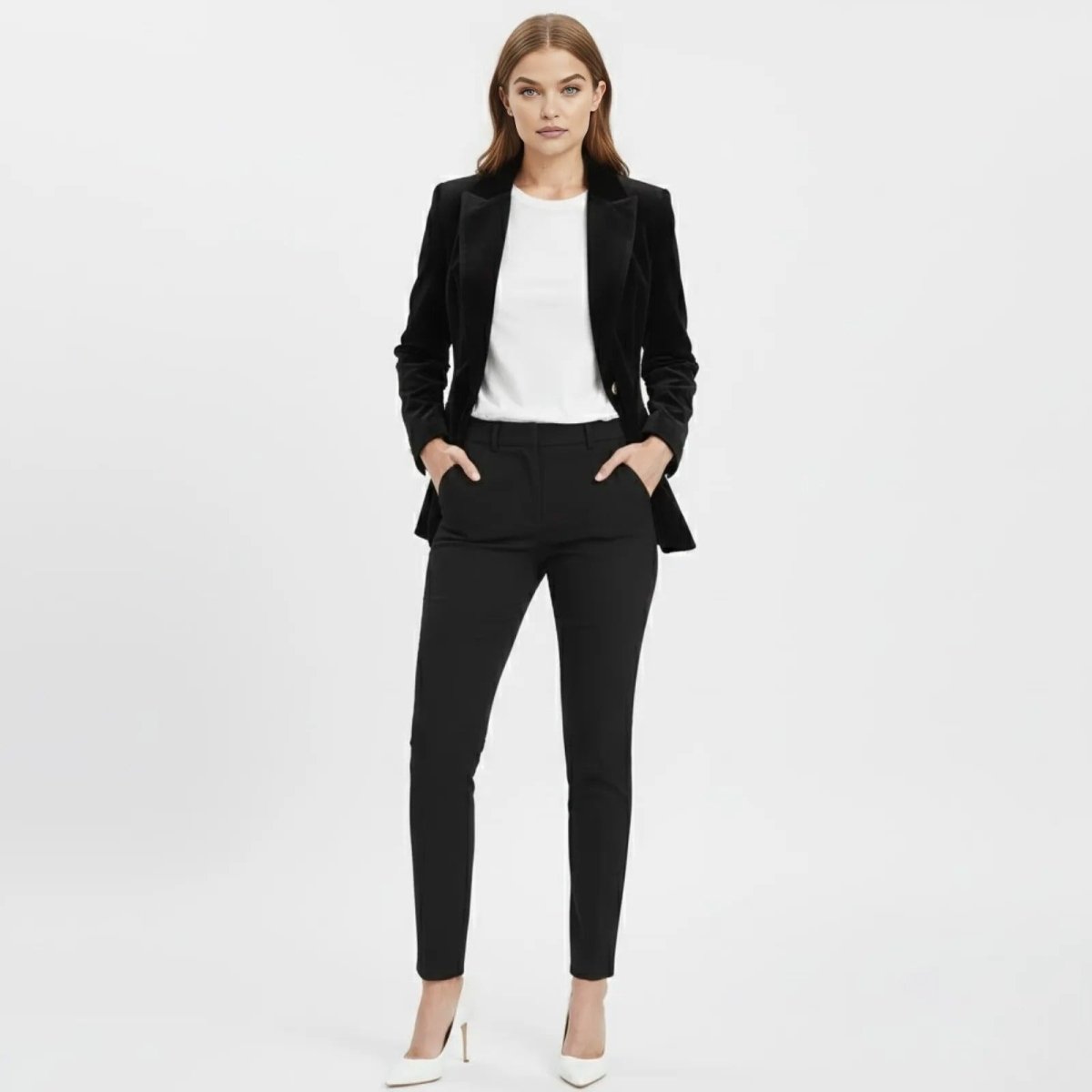 Aelith - Women's Velvet Tailored Blazer with Gold-Tone Button