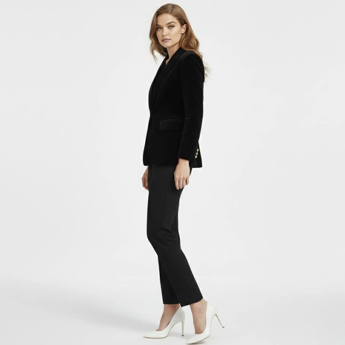 Aelith - Women's Velvet Tailored Blazer with Gold-Tone Button