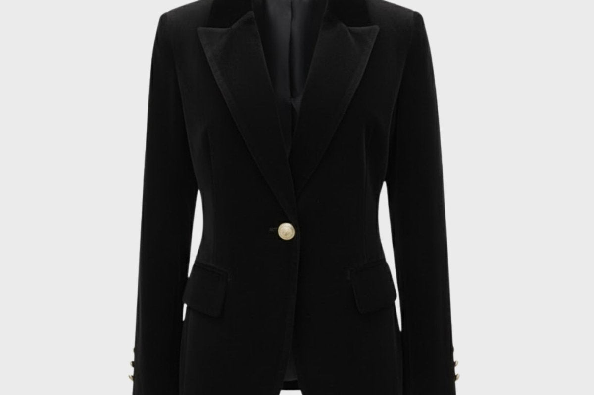 Aelith - Women's Velvet Tailored Blazer with Gold-Tone Button - Black