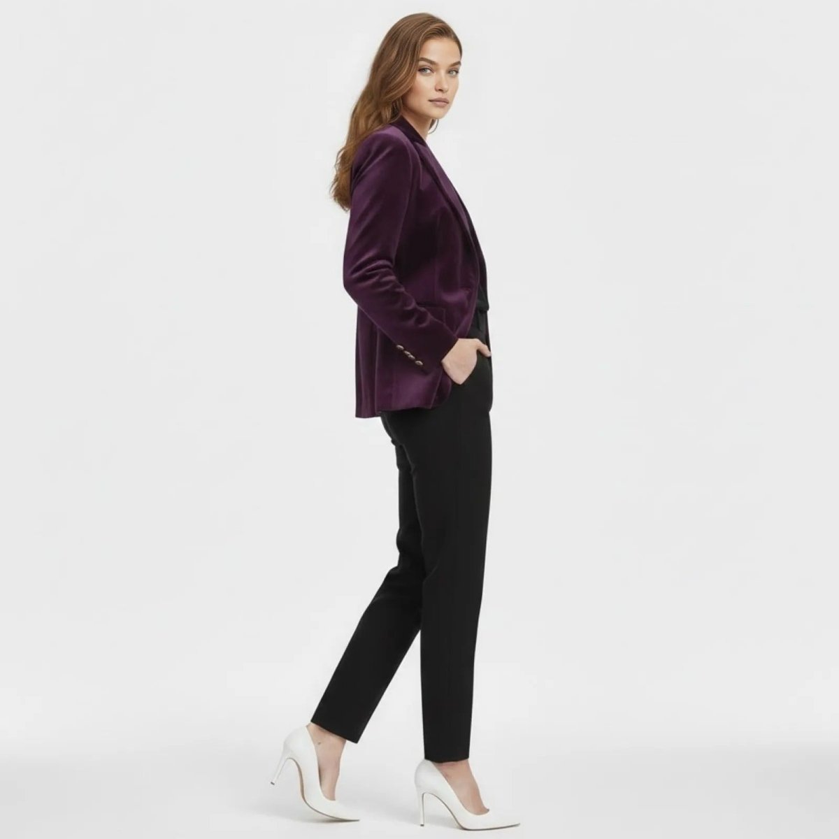 Aelith - Women's Velvet Tailored Blazer with Gold-Tone Button