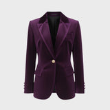 Aelith - Women's Velvet Tailored Blazer with Gold-Tone Button - Purple