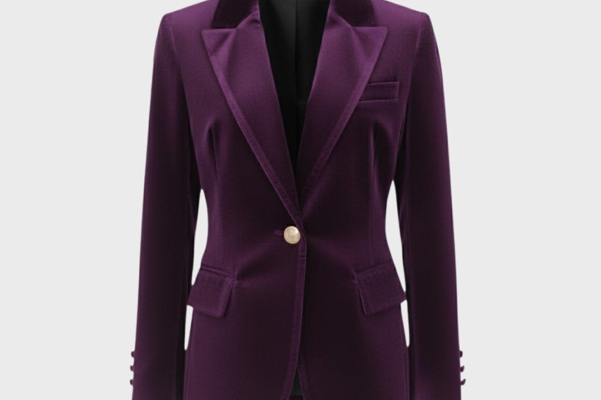 Aelith - Women's Velvet Tailored Blazer with Gold-Tone Button - Purple
