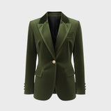 Aelith - Women's Velvet Tailored Blazer with Gold-Tone Button - Green