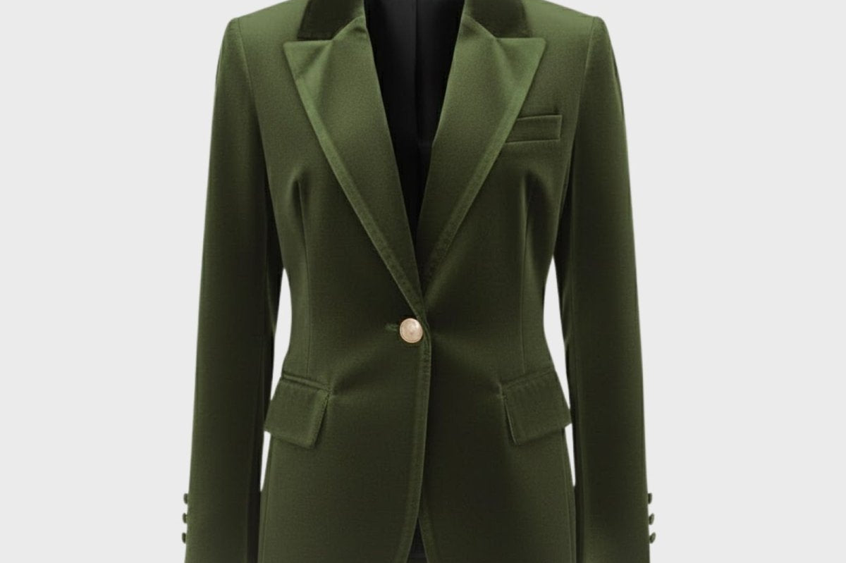 Aelith - Women's Velvet Tailored Blazer with Gold-Tone Button - Green