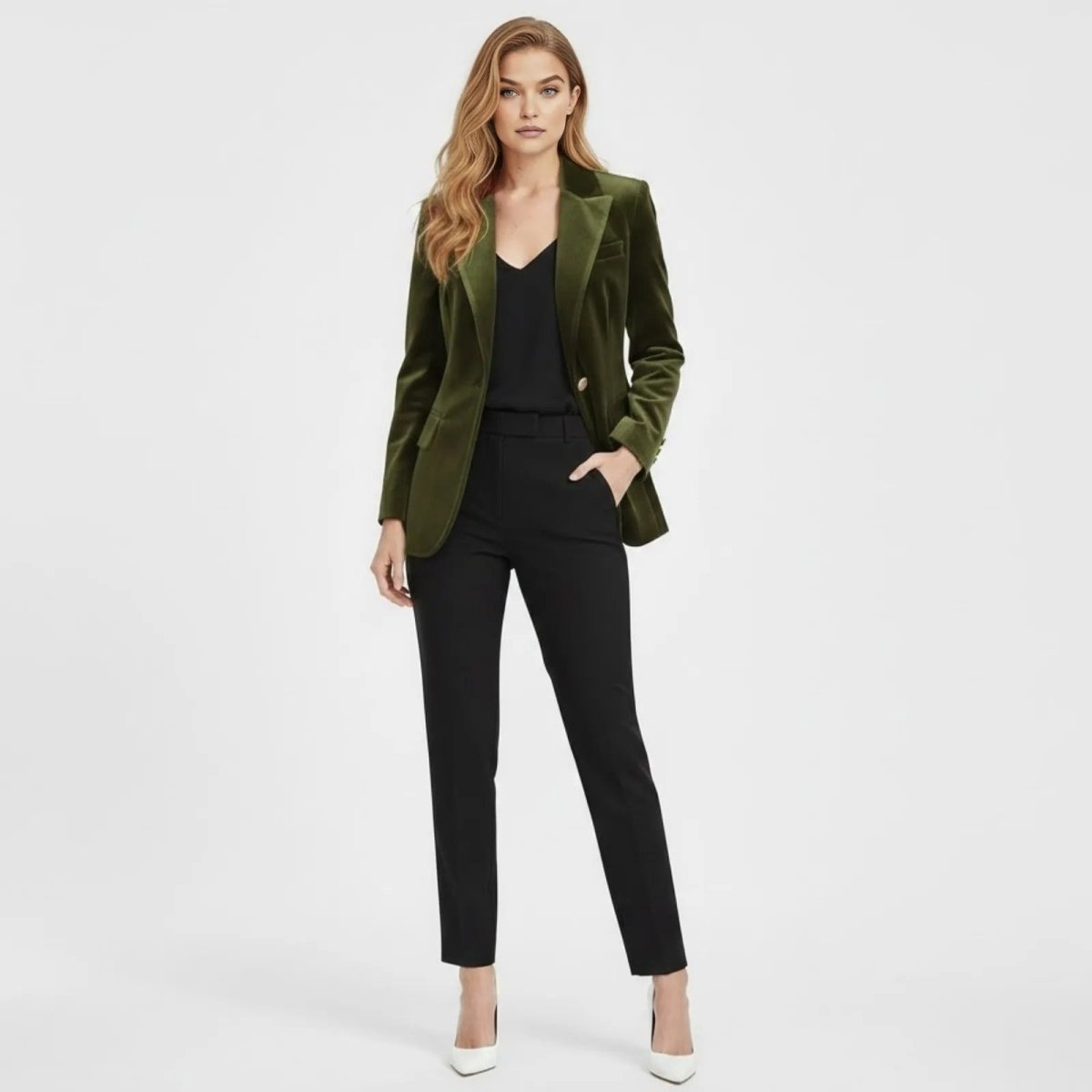 Aelith - Women's Velvet Tailored Blazer with Gold-Tone Button