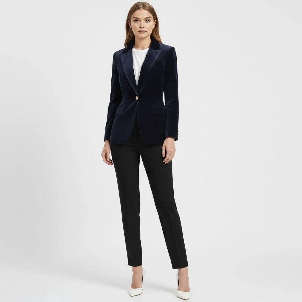 Aelith - Women's Velvet Tailored Blazer with Gold-Tone Button