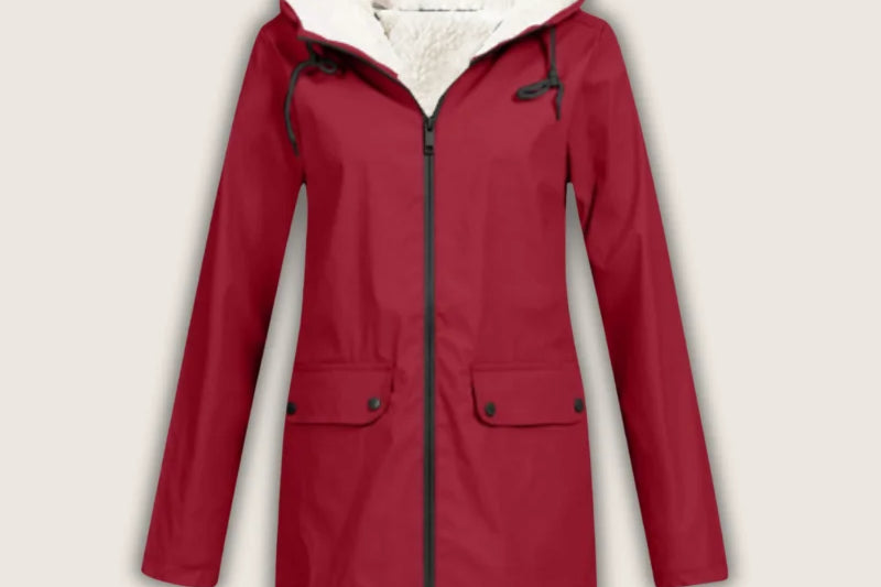 Agatha - Women's Hooded Rain Jacket with Sherpa Lining - Red