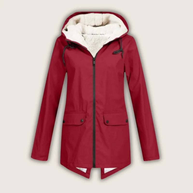 Agatha - Women's Hooded Rain Jacket with Sherpa Lining - Red