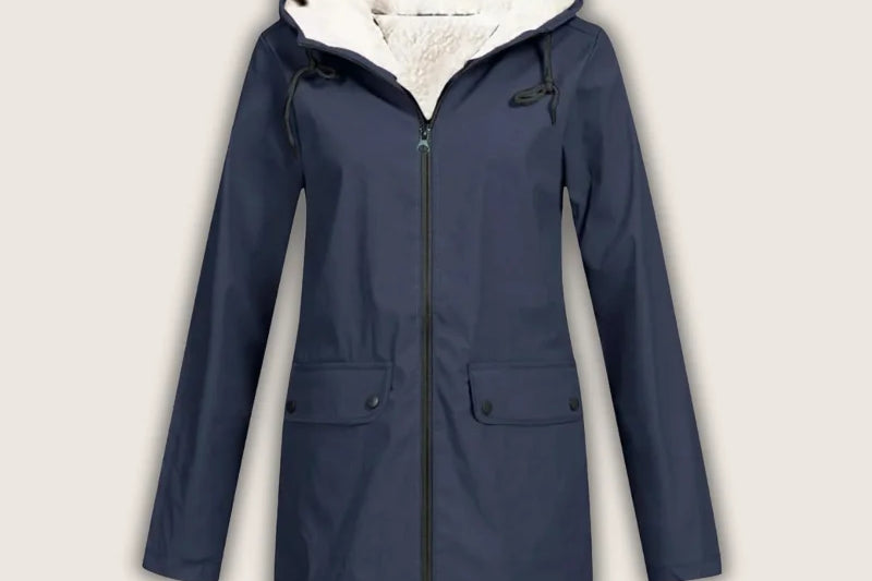 Agatha - Women's Hooded Rain Jacket with Sherpa Lining - Navy