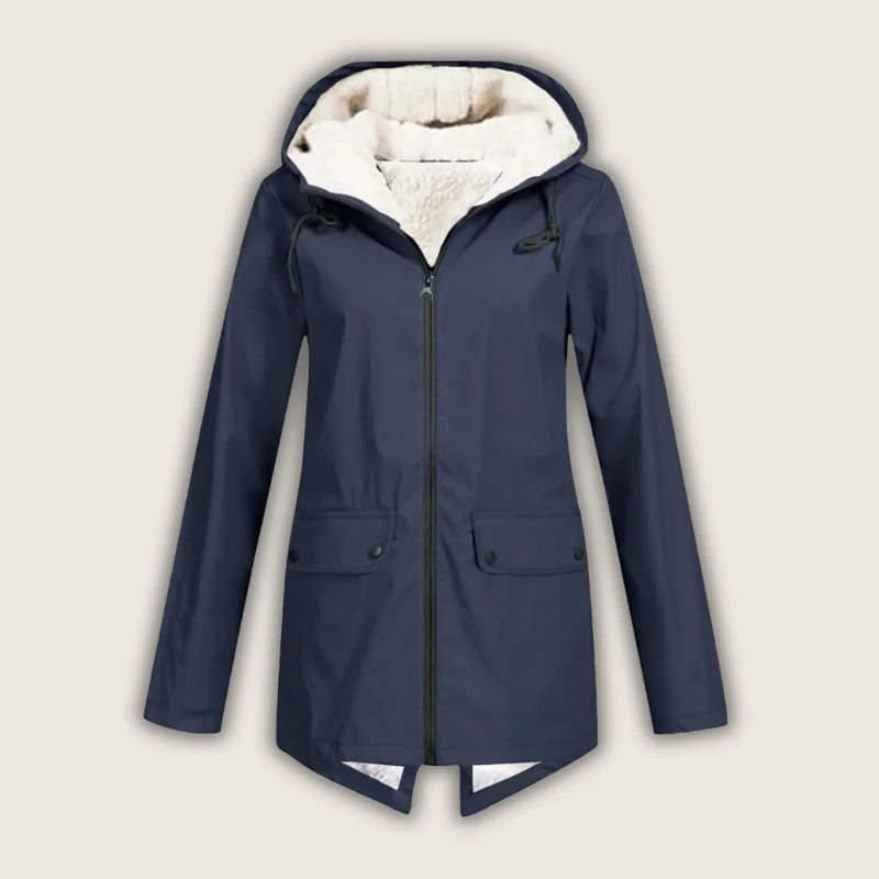 Agatha - Women's Hooded Rain Jacket with Sherpa Lining - Navy