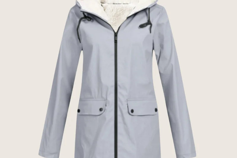 Agatha - Women's Hooded Rain Jacket with Sherpa Lining - Gray