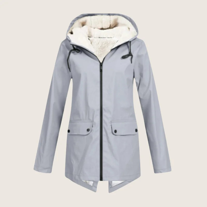 Agatha - Women's Hooded Rain Jacket with Sherpa Lining - Gray