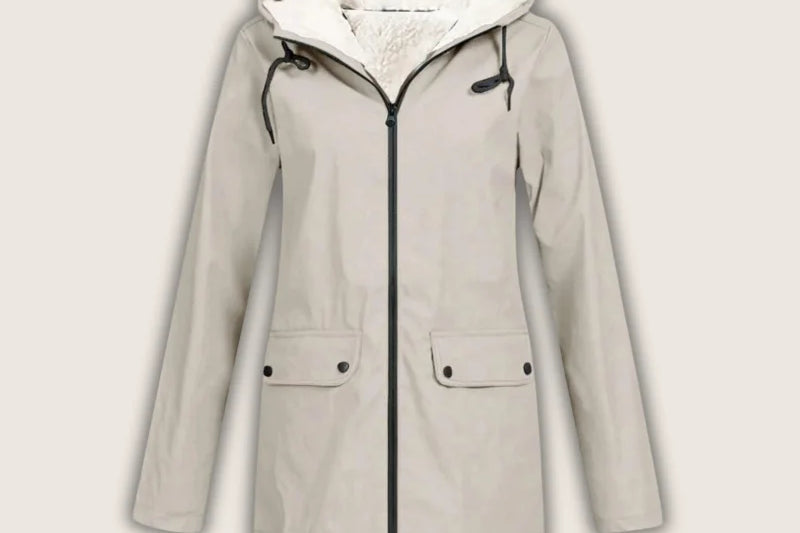 Agatha - Women's Hooded Rain Jacket with Sherpa Lining - Beige