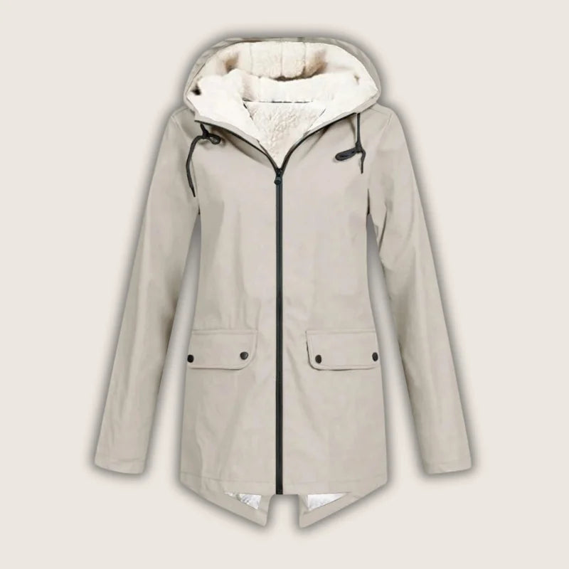 Agatha - Women's Hooded Rain Jacket with Sherpa Lining - Beige