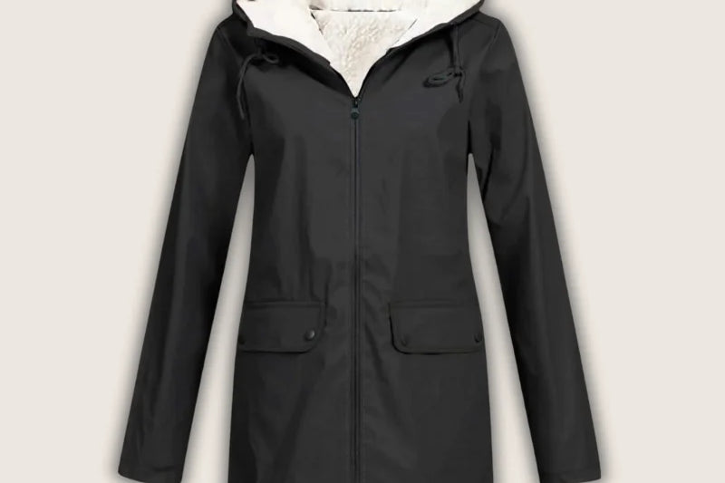 Agatha - Women's Hooded Rain Jacket with Sherpa Lining - Black