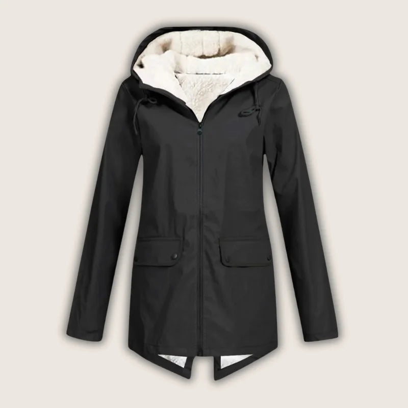 Agatha - Women's Hooded Rain Jacket with Sherpa Lining - Black