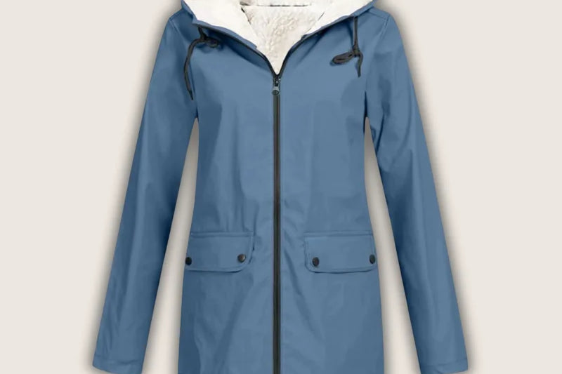 Agatha - Women's Hooded Rain Jacket with Sherpa Lining - Blue