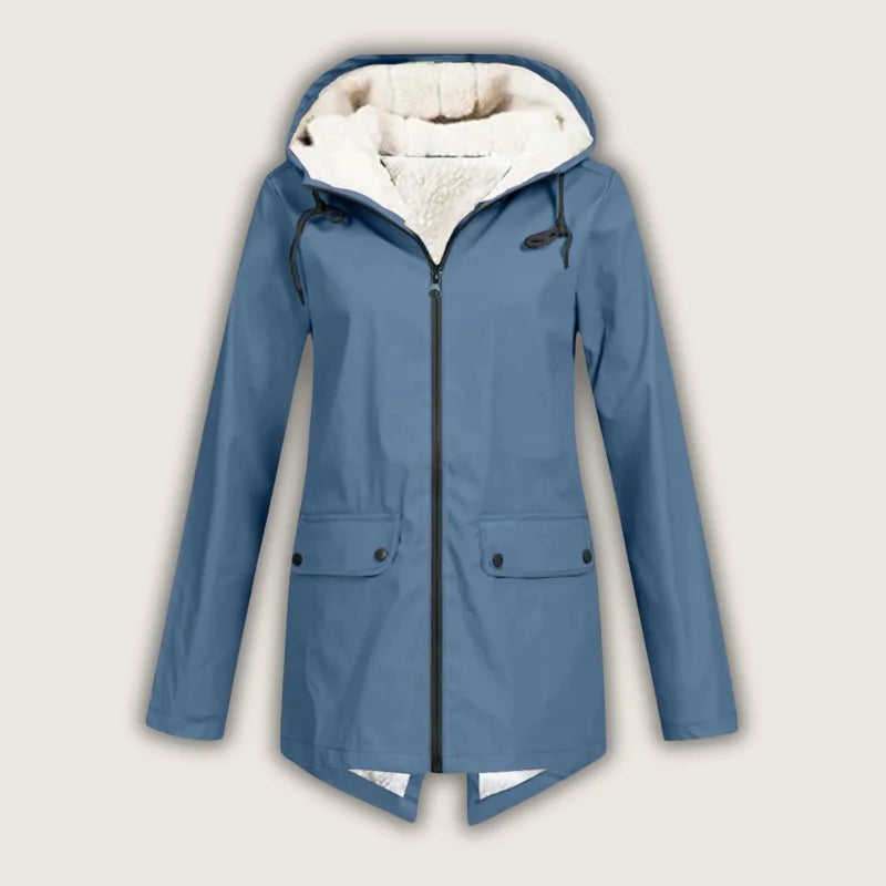 Agatha - Women's Hooded Rain Jacket with Sherpa Lining - Blue