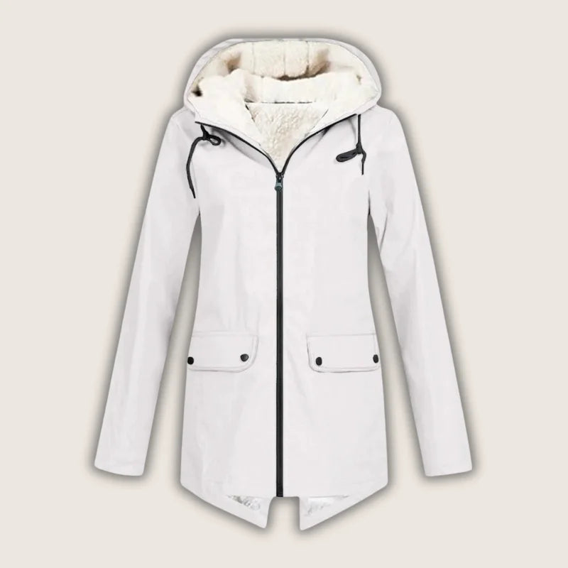 Agatha - Women's Hooded Rain Jacket with Sherpa Lining - White